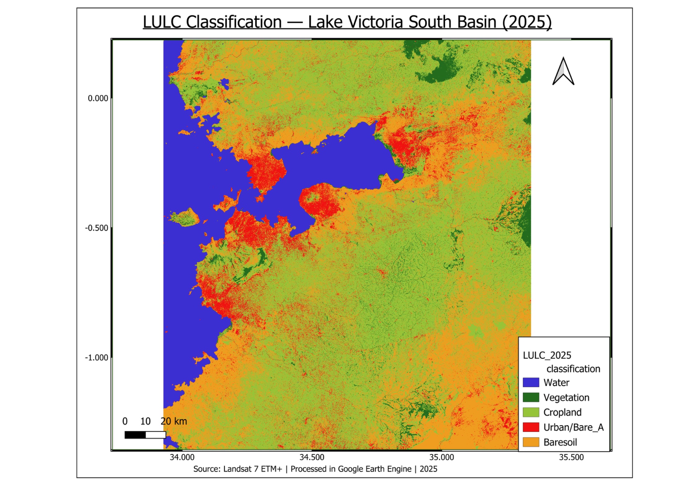 Land-use / land-cover classification map of the Lake Victoria South Basin, 2025 — water, vegetation, cropland, urban and bare soil