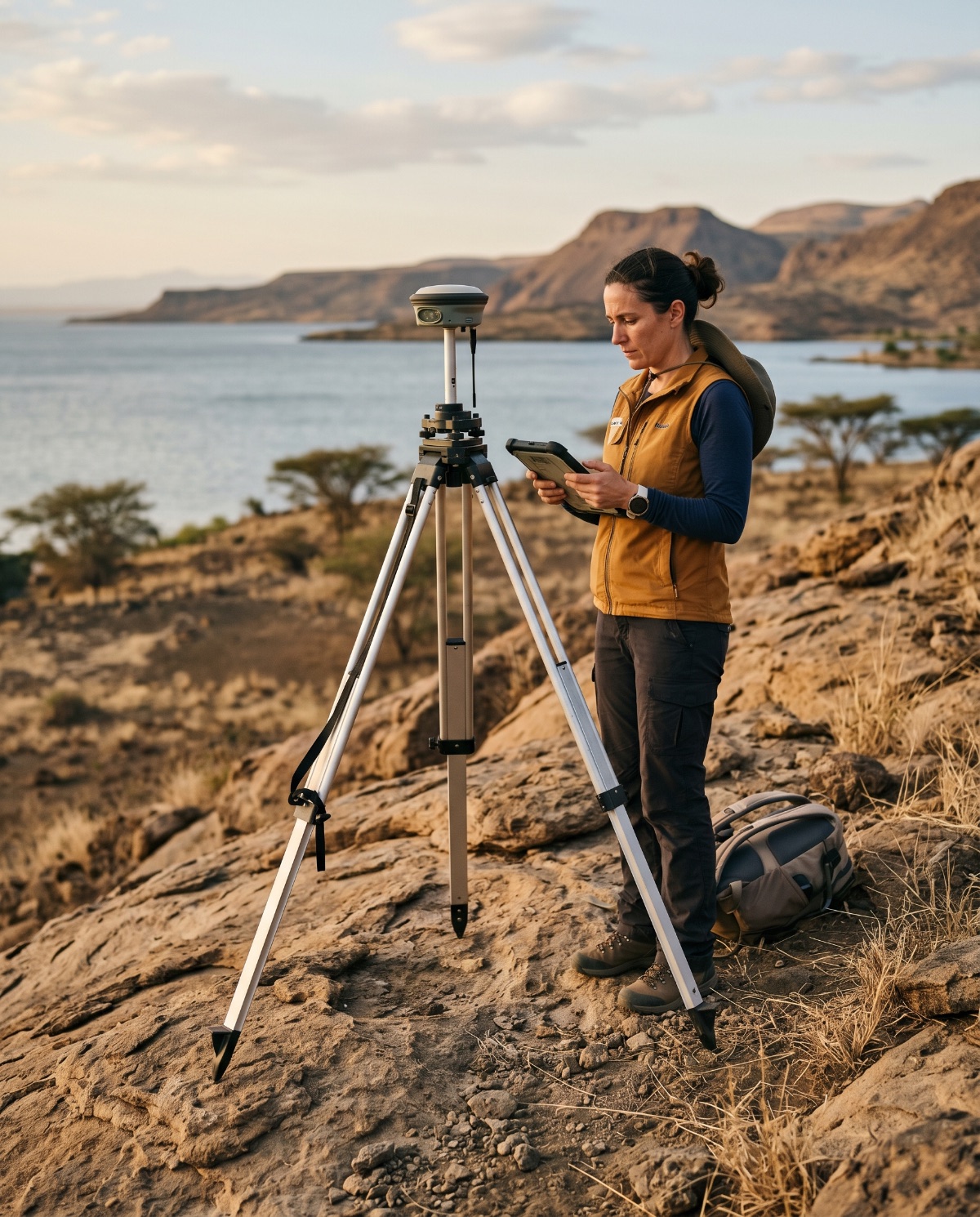 GWO geoscientist operating a GNSS survey instrument on a tripod above an East African lakeshore at golden hour