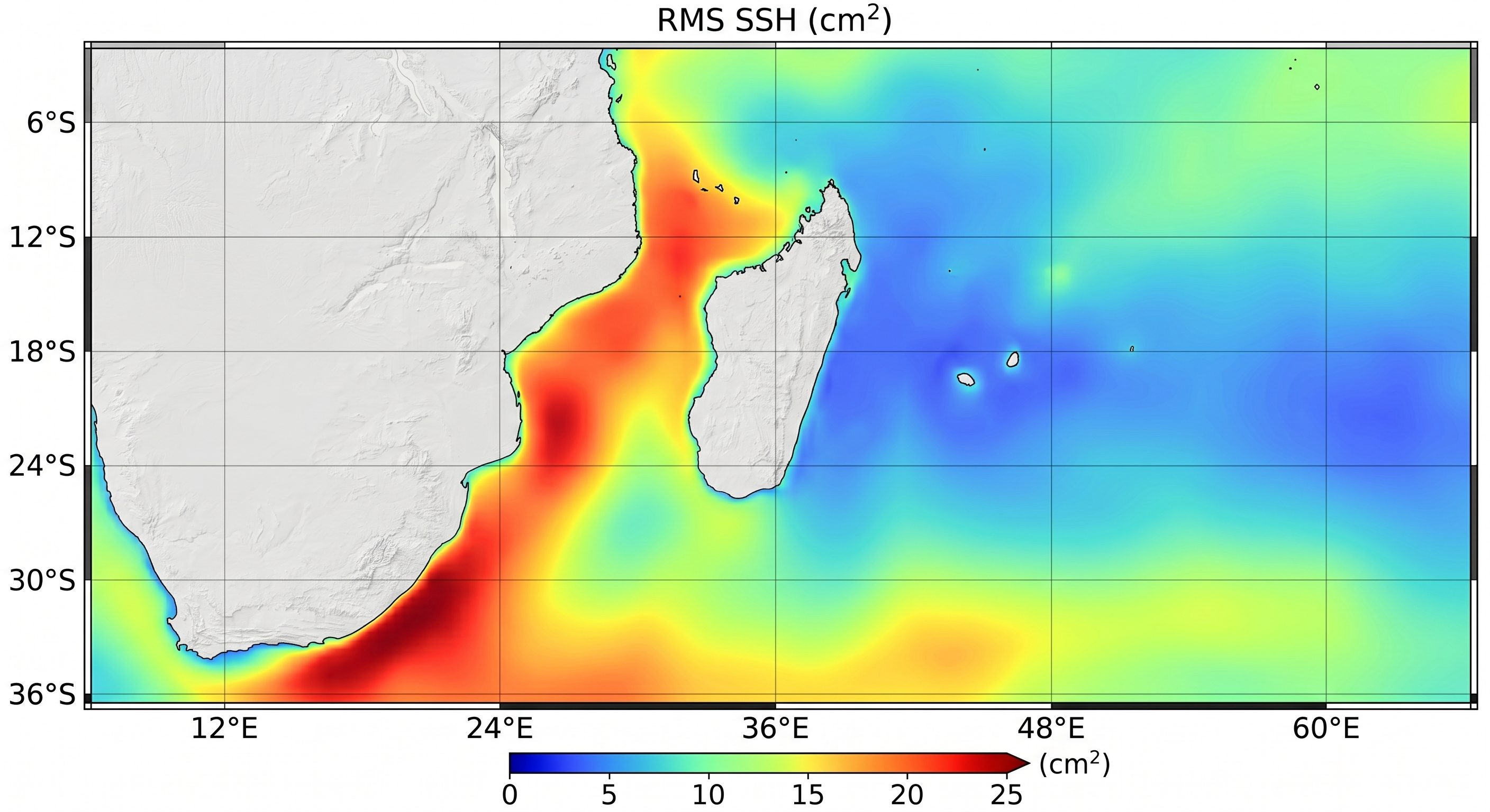 Map of root-mean-square sea-surface-height variability around southern Africa, highlighting the energetic eddy band of the Mozambique Channel and Agulhas Current