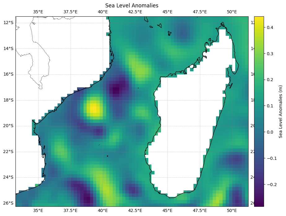 Sea level anomaly map of the Mozambique Channel showing alternating positive and negative cells