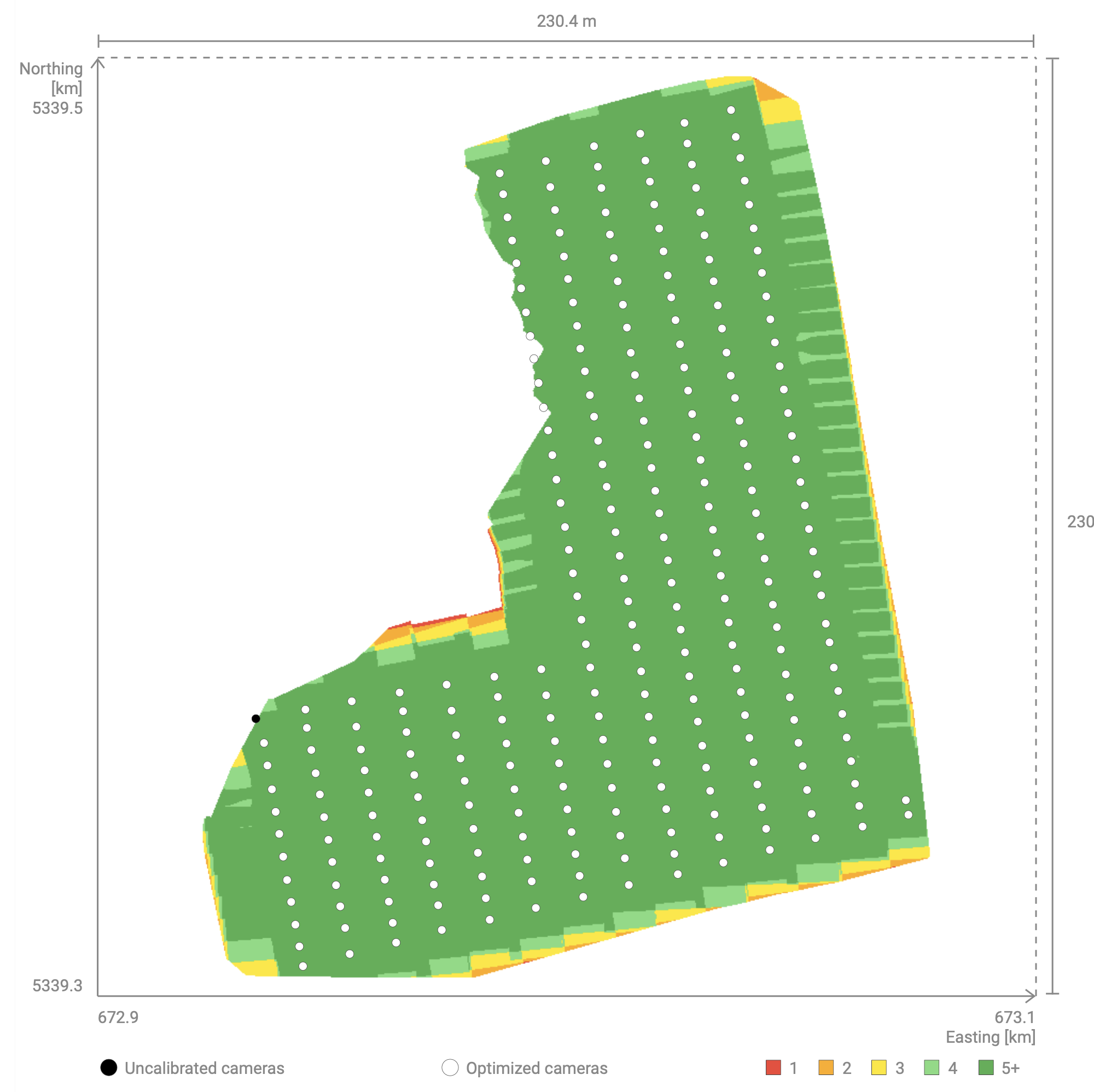 Pix4Dmatic image-overlap map of the site, mostly green indicating five or more overlapping photos per location, with optimised camera positions marked