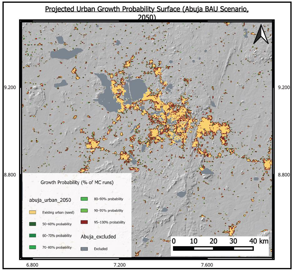 Projected urban growth probability surface for Abuja under business-as-usual in 2050