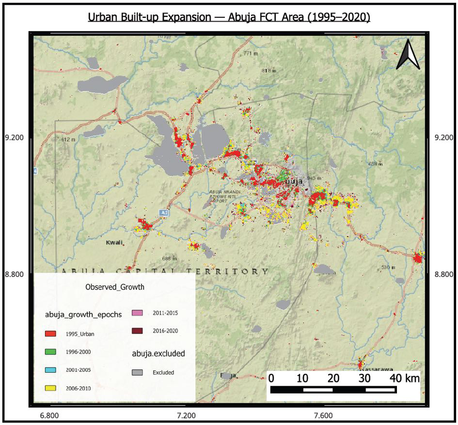 Built-up expansion map of the Federal Capital Territory of Abuja 1995 to 2020