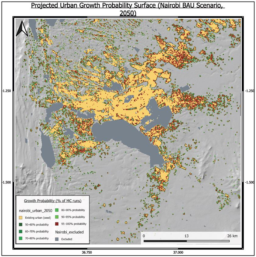 Projected urban growth probability surface for Nairobi under business-as-usual in 2050