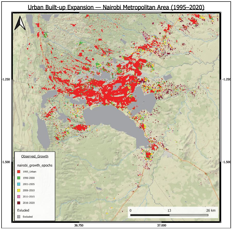 Built-up expansion map of the Nairobi Metropolitan Area 1995 to 2020